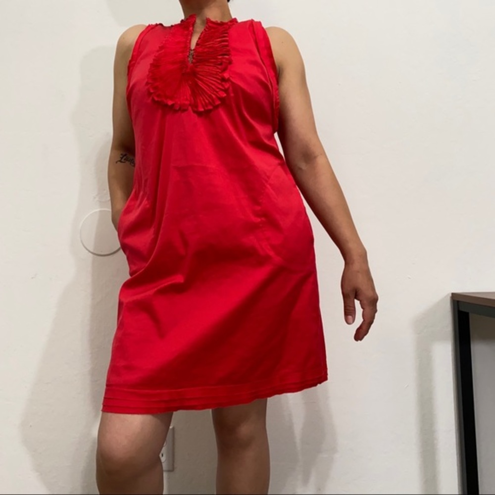 Alfani Women’s 2 Ruffle Front V Neck Sleeveless Midi Dress Summer Red